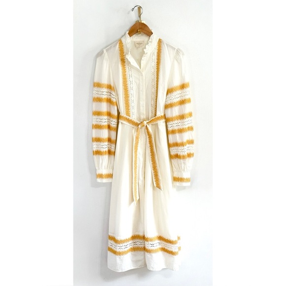 Sezane White Midi Long-Sleeve Cotton Embroidered Elodie Dress - Picture 2 of 7